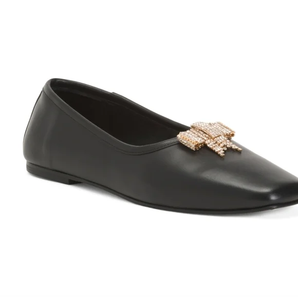 🖤🔹️Freda Salvador🔹️ Black Leather Ballet Flats with Crystal Gold Bow - Picture 1 of 3